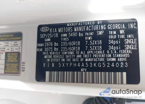 2019 Kia Sorento 3.3L Ex z USA, uszkodzony, nr VIN 5XYPH4A53KG524023